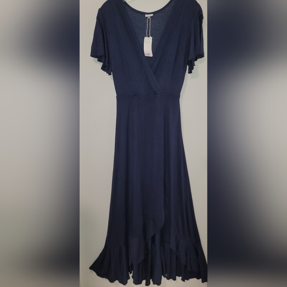 NWT Lascana Blue Surplice Neckline Short Sleeve Side Slit Maxi Dress Size 4